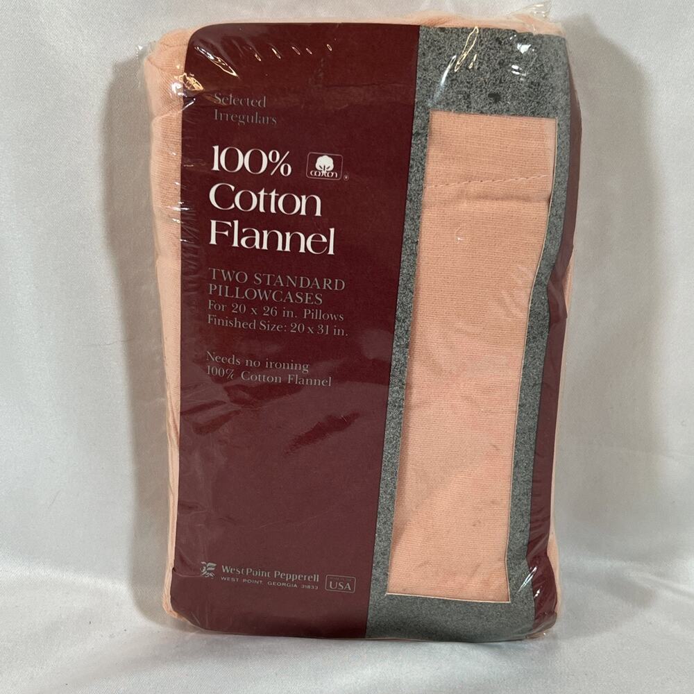Vintage West Point Pepperell 100% Cotton Flannel 2 Standard Pillowcases Peach
